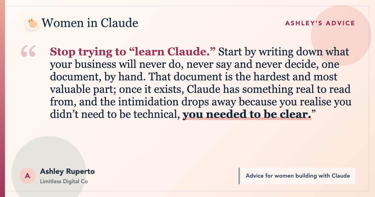 Ashley Ruperto quote: Stop trying to learn Claude. Start by writing down what your business will never do, never say, and never decide.